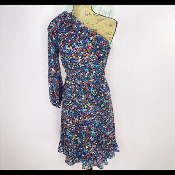 J. Crew Kaleidoscope Stars One Shoulder Dress Blue Multi Bow Ruffle - Picture 7 of 9